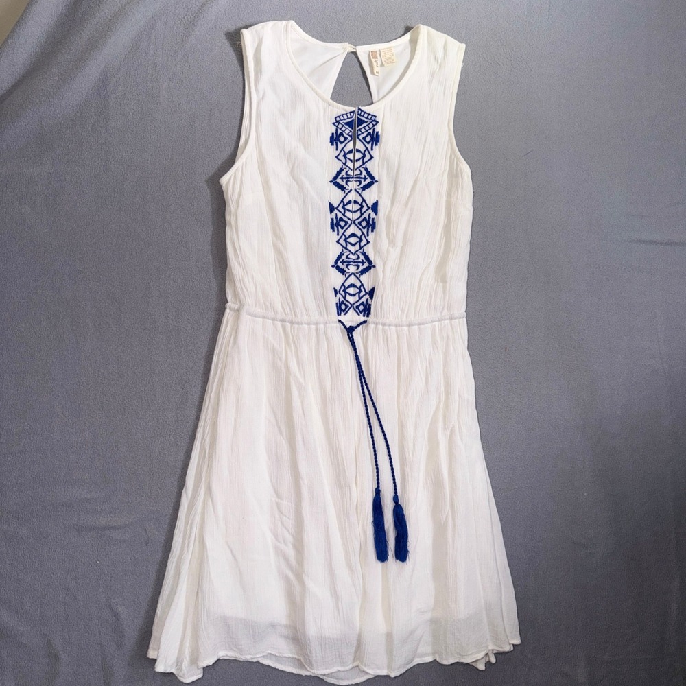 Japna M White Blue Embroidered Beachy Boho Festival Peasant Coastal Mini Dress